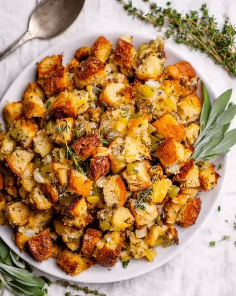 Plate of golden brown Thanksgiving stuffing with herbs and celery