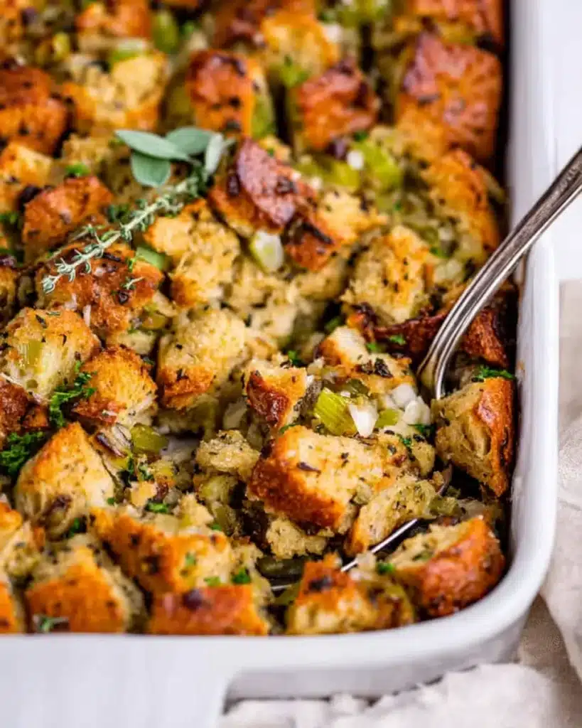 Golden brown Thanksgiving stuffing with crispy bread cubes, herbs, and celery in a white dish