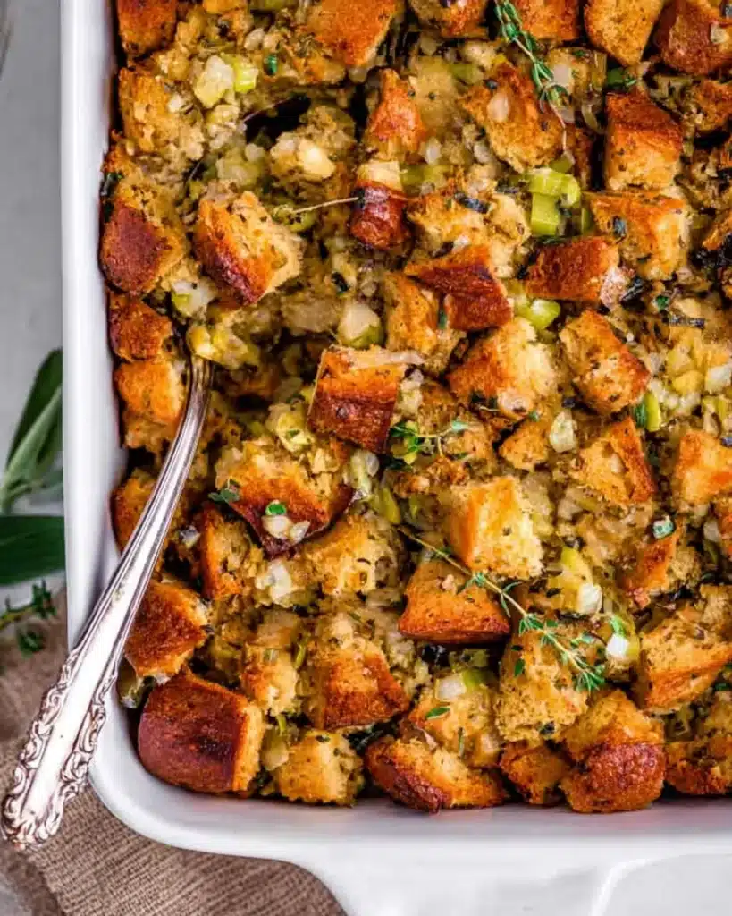 Golden brown Thanksgiving stuffing baked in white dish with herbs and celery