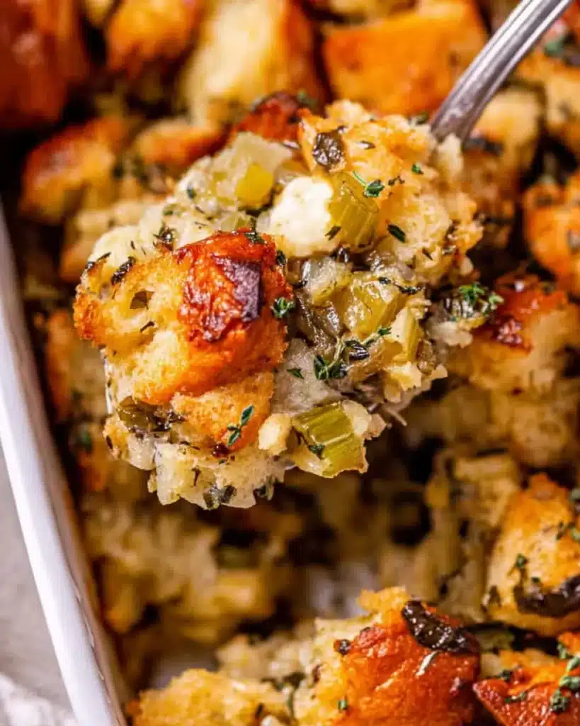 Spoonful of golden buttery Thanksgiving stuffing with herbs and celery