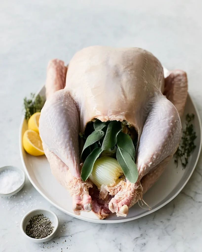 Raw turkey stuffed with lemon, thyme, sage, and onion on a white plate, ready for roasting.