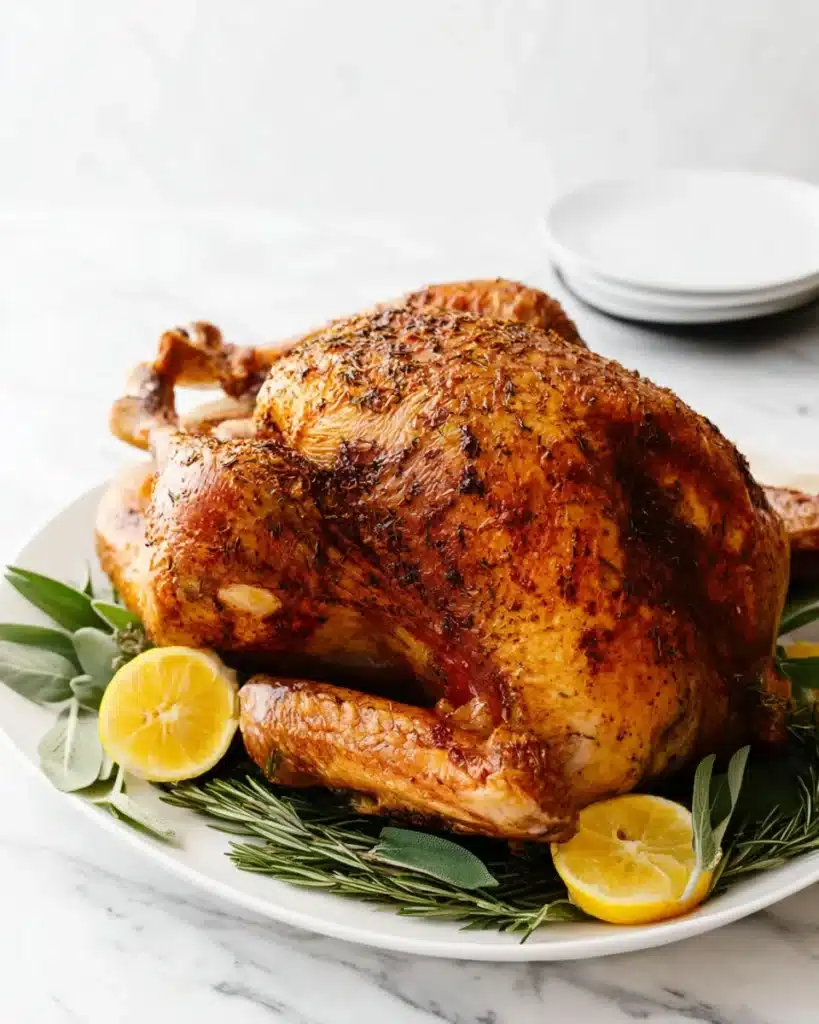 Thanksgiving turkey with crispy skin, garnished with fresh rosemary, sage, and lemon wedges on a white plate