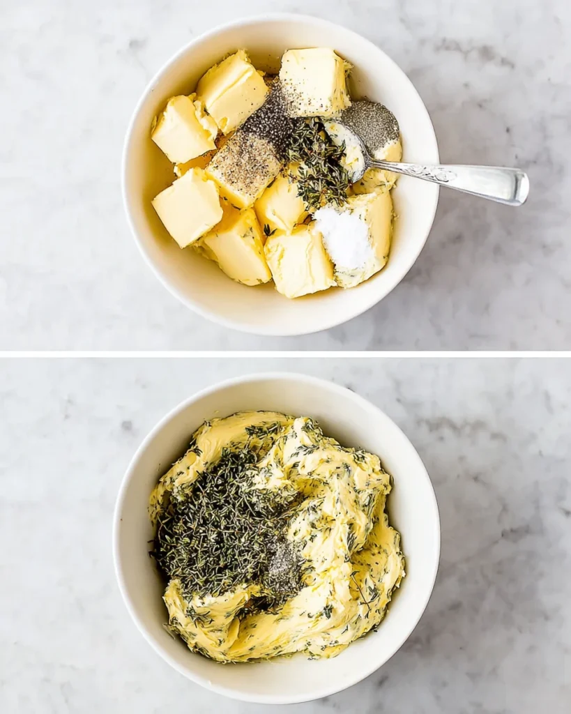 Herb butter made with softened butter, rosemary, thyme, salt, and pepper, before and after mixing.