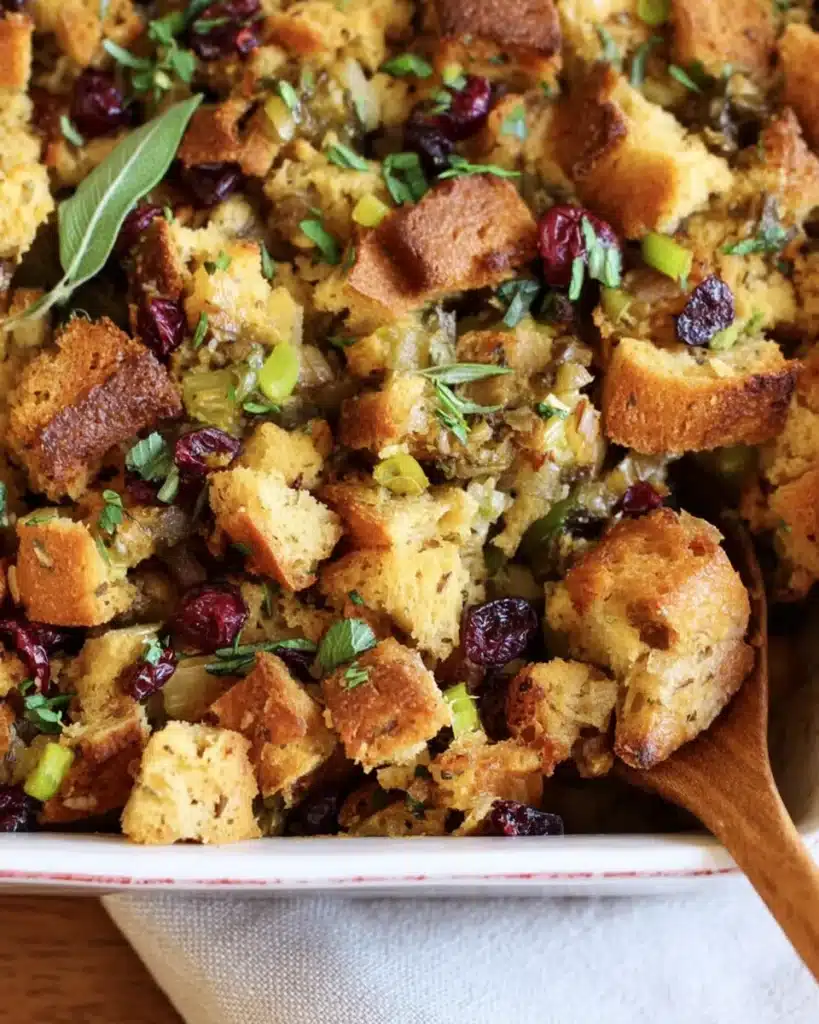 Close-up of golden vegan stuffing with herbs and cranberries in white baking dish
