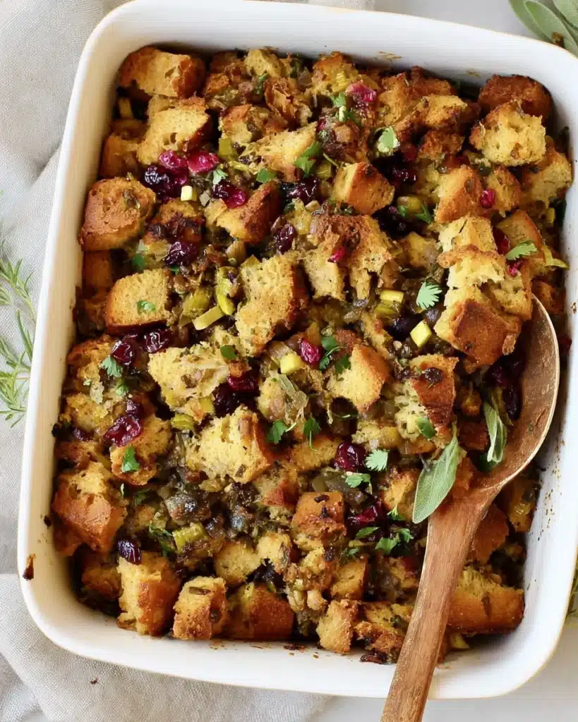Golden-brown vegan stuffing baked in white dish with herbs and cranberries