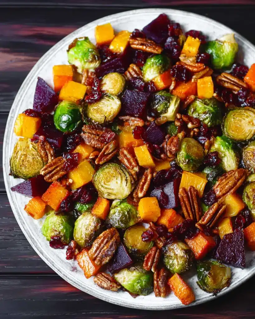 Winter Vegetable Salad with roasted Brussels sprouts, beets, butternut squash, pecans, and cranberries.