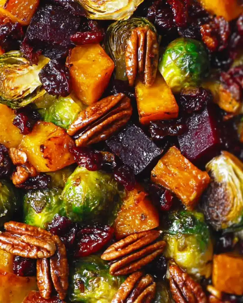 Close-up of roasted Winter Vegetable Salad with Brussels sprouts, beets, squash, pecans, and cranberries.