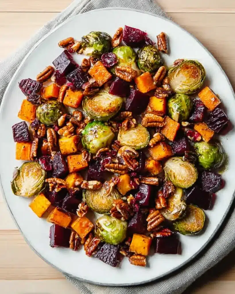Winter Vegetable Salad with roasted Brussels sprouts, butternut squash, beets, pecans, and cranberries.