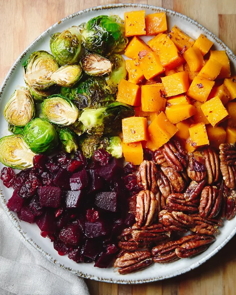 Winter Vegetable Salad ingredients with roasted Brussels sprouts, butternut squash, beets, pecans, and cranberries.