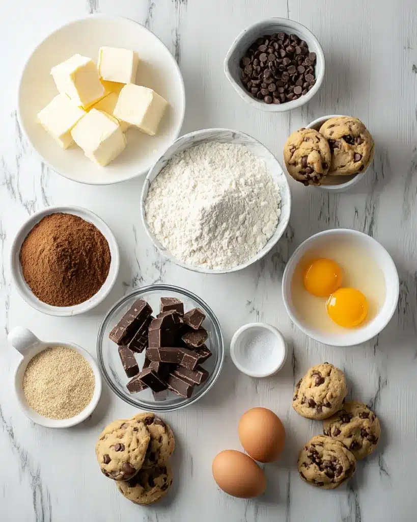 Flat lay of Wonderland Chocolate Chip Cookie ingredients on a light wooden surface