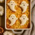 Halloween baked mac and cheese topped with mozzarella ghosts