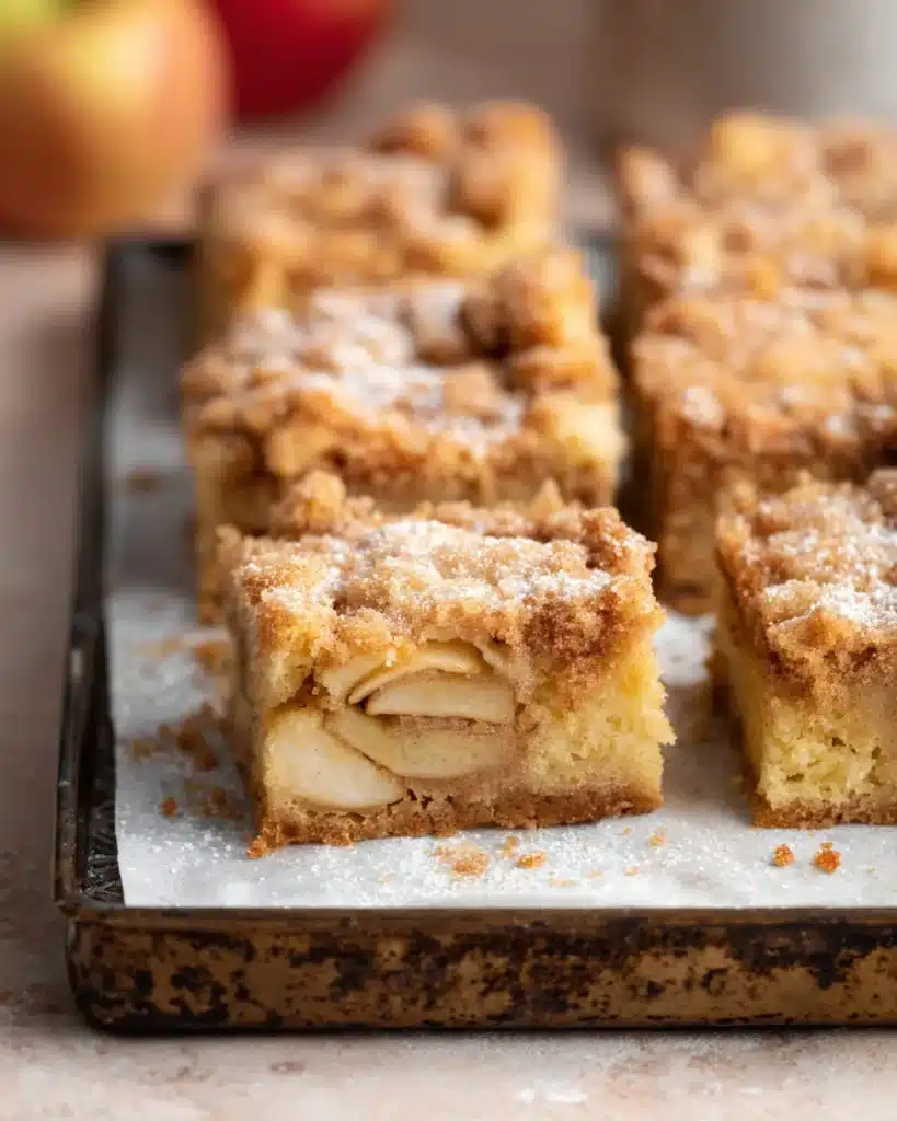 A slice of apple cake with cinnamon sugar crust on a white plate and fork