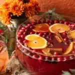 Festive autumn punch with oranges, cranberries, and cinnamon sticks in a glass bowl