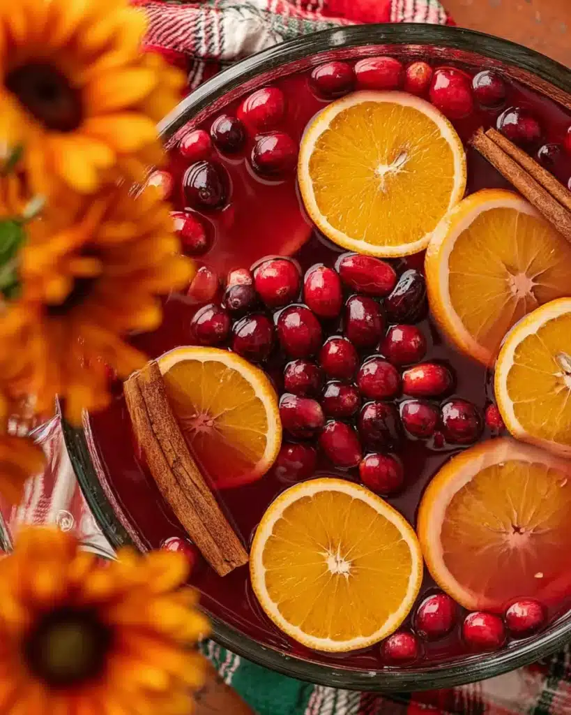 Close-up of autumn punch with orange slices, cranberries, and cinnamon sticks