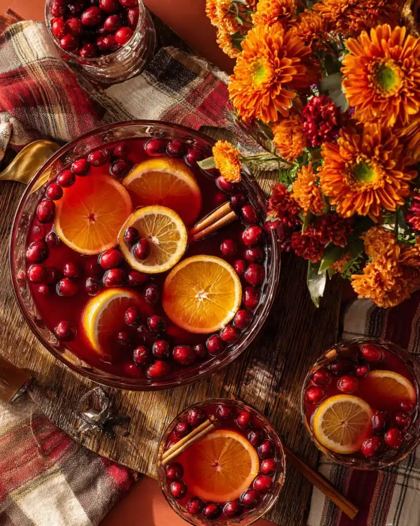 Overhead view of autumn punch with oranges, cranberries, and cinnamon sticks