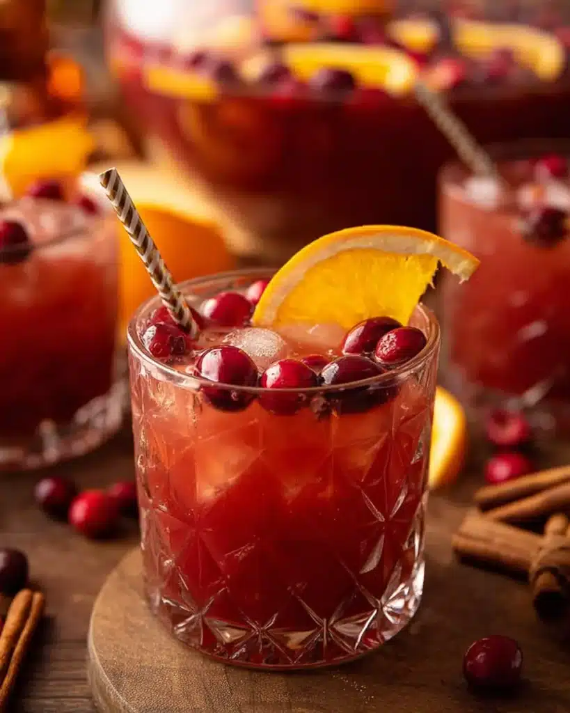 Glass of autumn punch with orange slice, cranberries, and striped straw