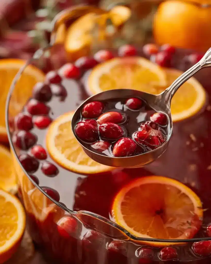 Ladle serving autumn punch with orange slice and cranberries