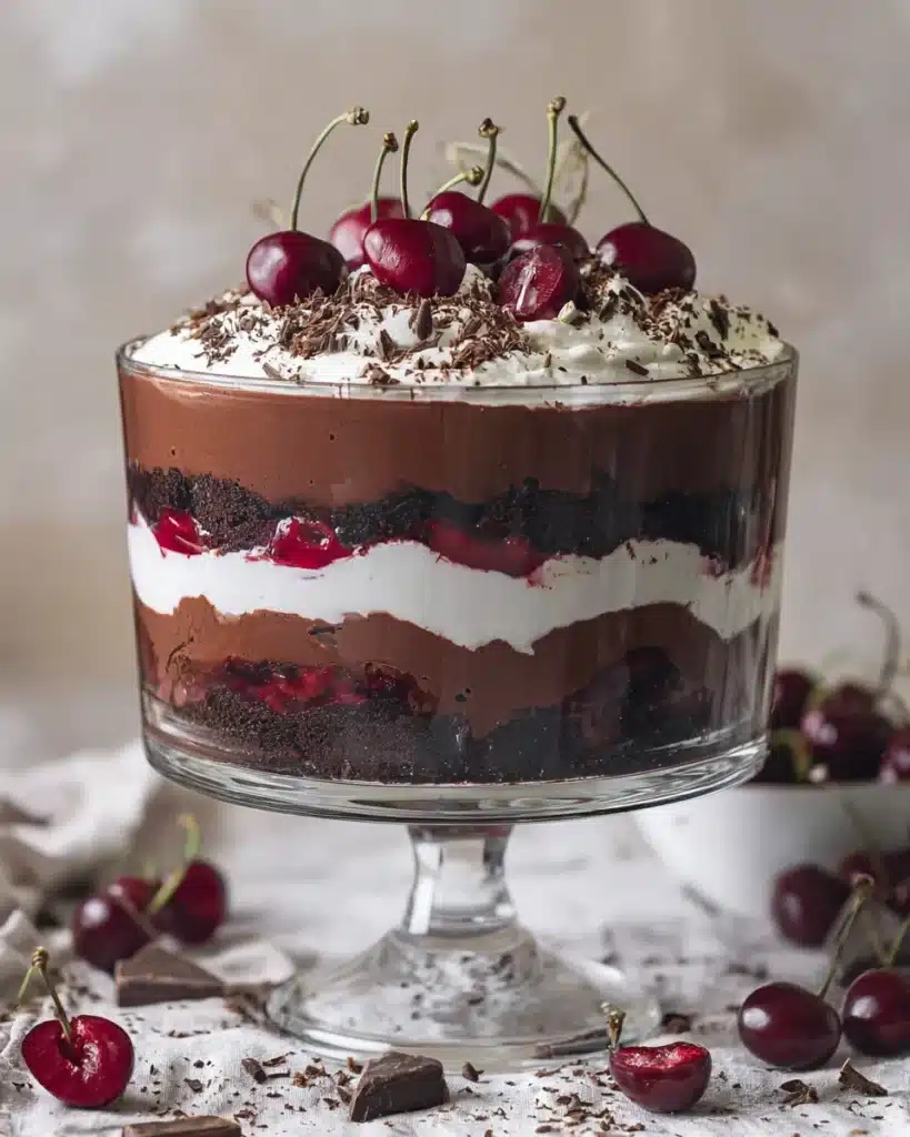 Layered Black Forest Trifle with cherries, whipped cream, and chocolate pudding in a glass bowl