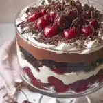 Close-up of Black Forest Trifle topped with whipped cream, cherries, and chocolate shavings