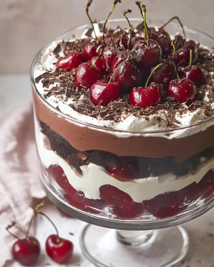 Close-up of Black Forest Trifle topped with whipped cream, cherries, and chocolate shavings