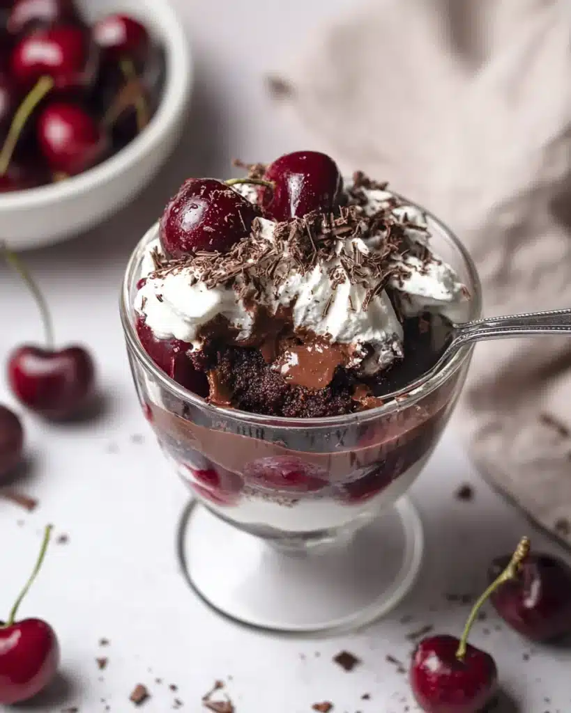 Single-serving Black Forest Trifle with whipped cream, cherries, and chocolate shavings