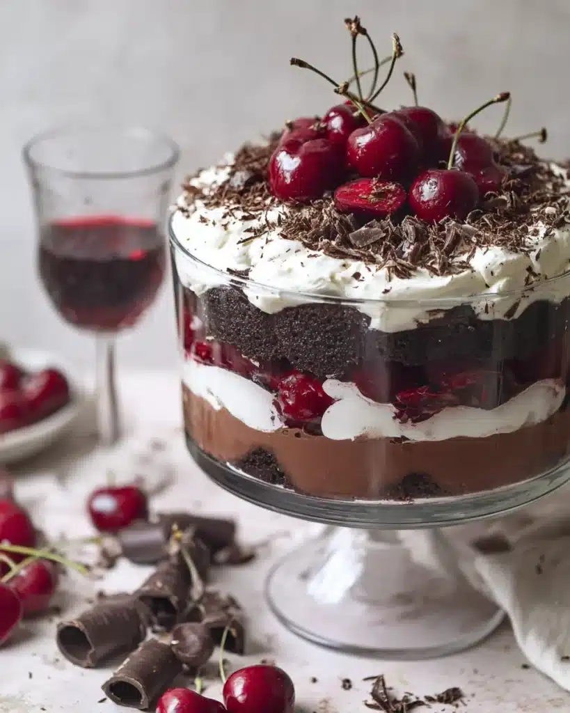Layered Black Forest Trifle with whipped cream, cherries, and chocolate shavings in a glass bowl