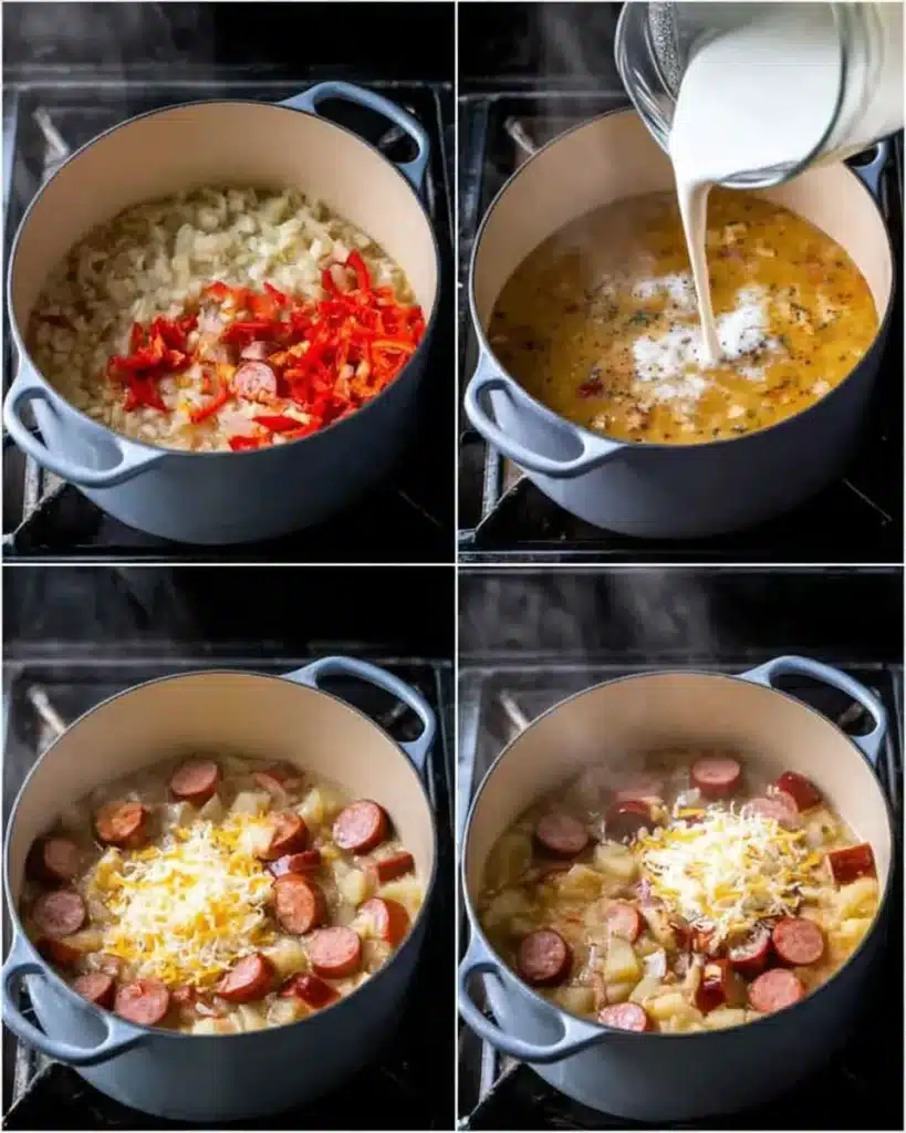 Cajun potato soup cooking steps in a Dutch oven with sausage and cheese