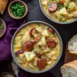 Two bowls of creamy Cajun potato soup with sausage and potatoes