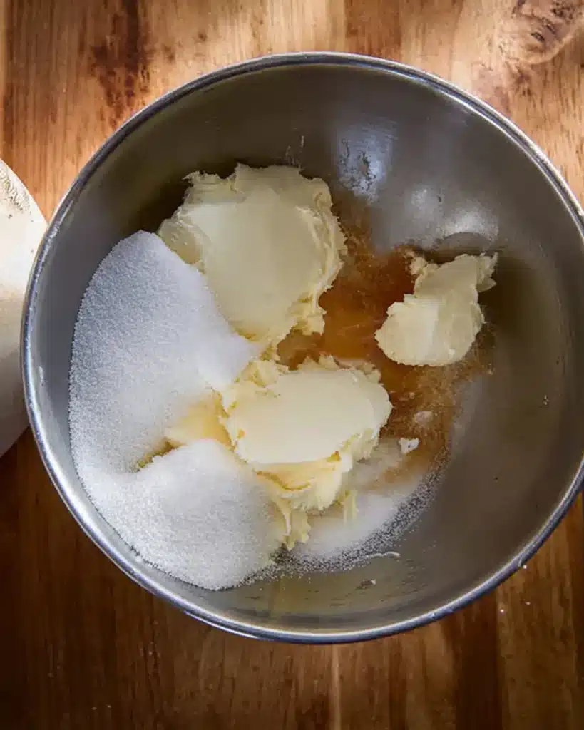 Butter, sugar, and vanilla in a mixing bowl for cookie dough