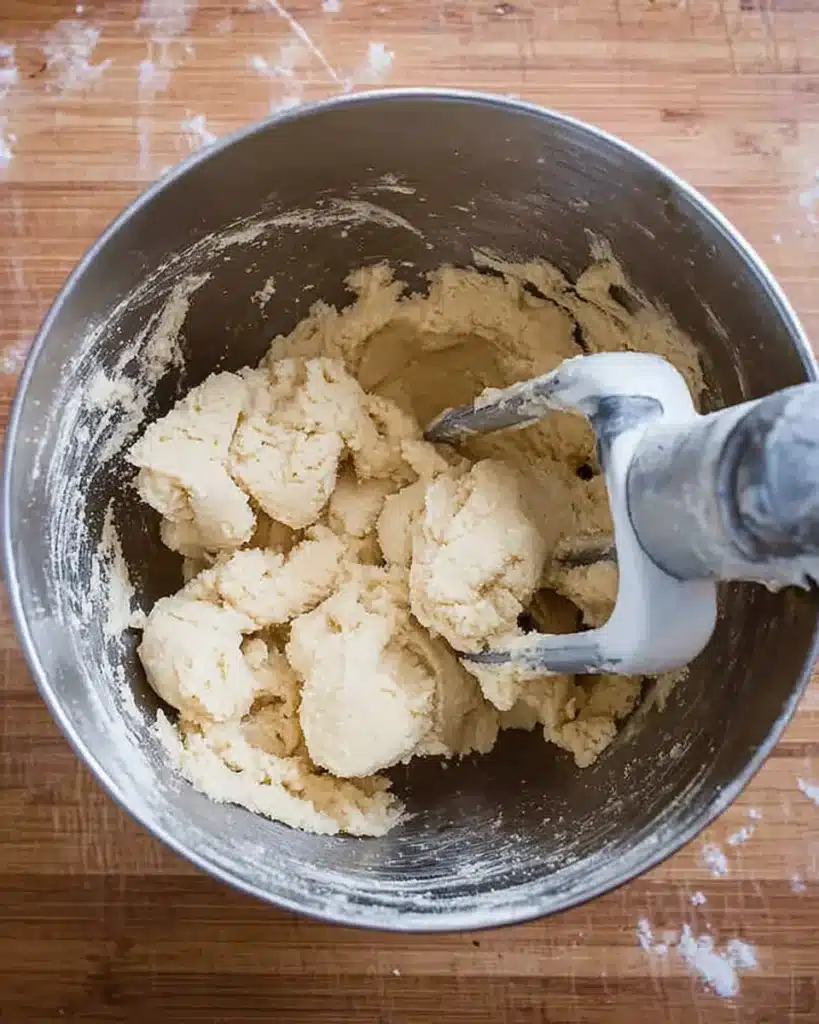 Creamy cookie dough mixed in a stainless steel bowl with paddle attachment