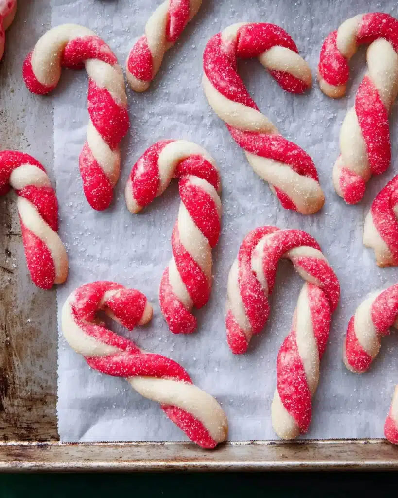 Freshly baked red and white candy cane cookies with sugar sparkle
