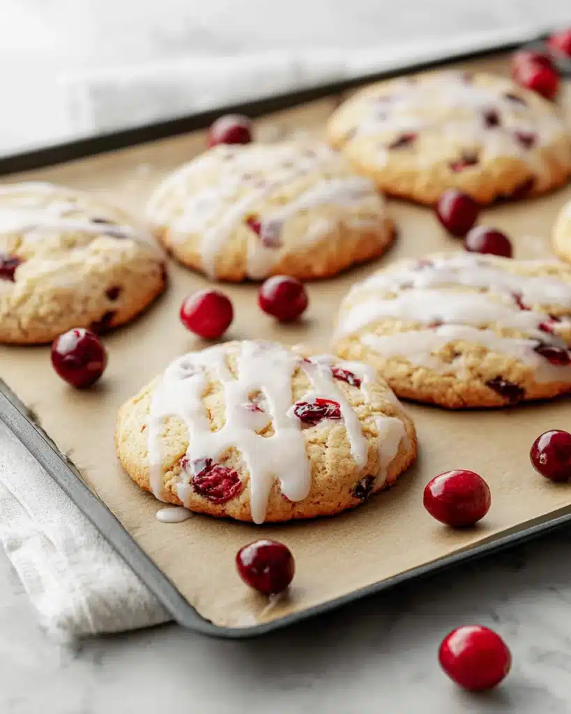 Chewy Christmas cranberry cookies fresh from the oven with white icing drizzle