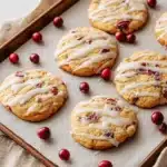 Chewy cranberry cookies with white icing on a baking tray for Christmas