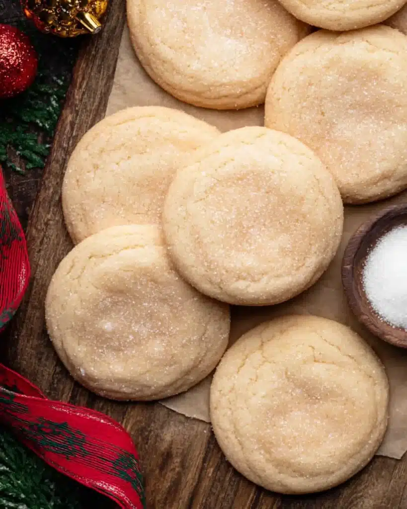 Chewy sugar cookies on wooden surface with sugar bowl and holiday ribbon
