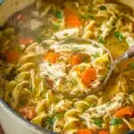 Hearty homemade chicken noodle soup with carrots, noodles, and shredded chicken in a pot