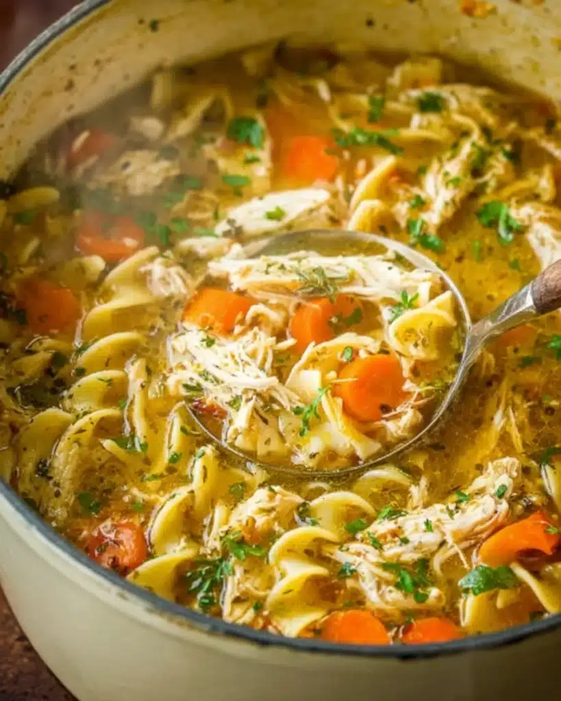 Hearty homemade chicken noodle soup with carrots, noodles, and shredded chicken in a pot