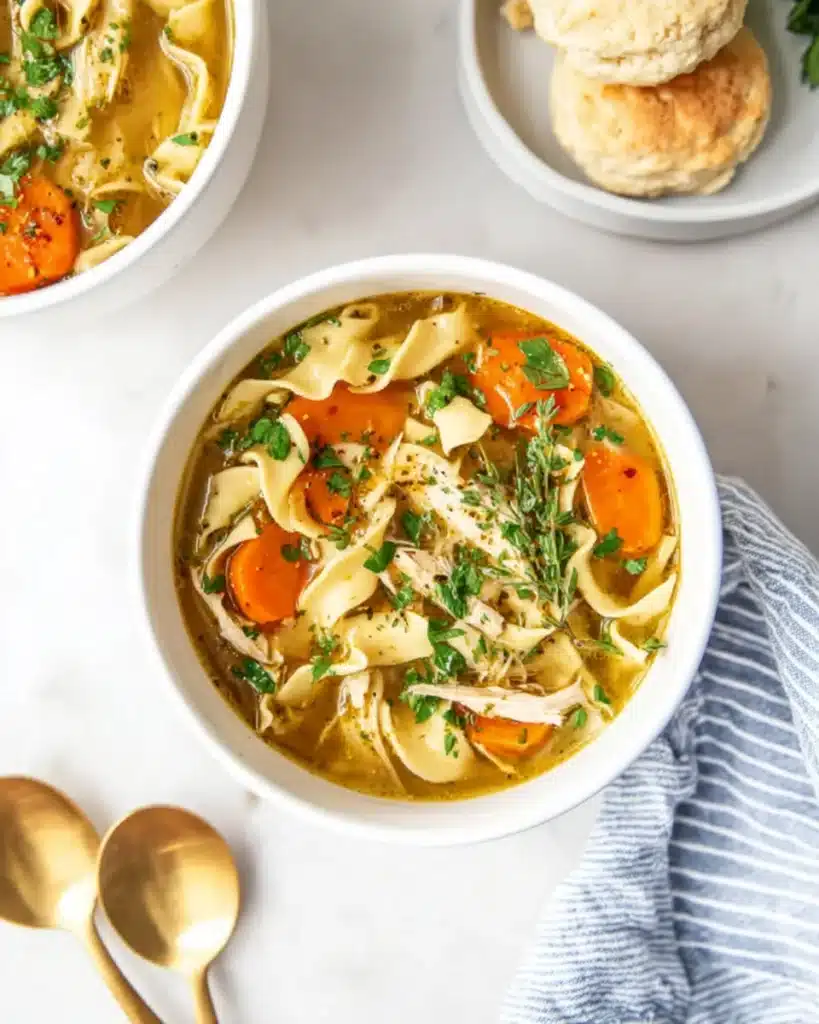 Bowl of homemade chicken noodle soup with noodles, carrots, and herbs