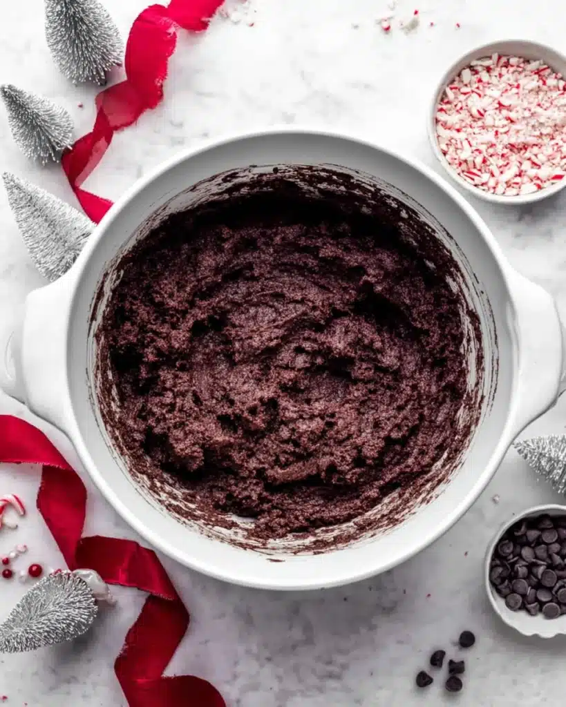 Chocolate cookie dough in a mixing bowl with peppermint and holiday decor