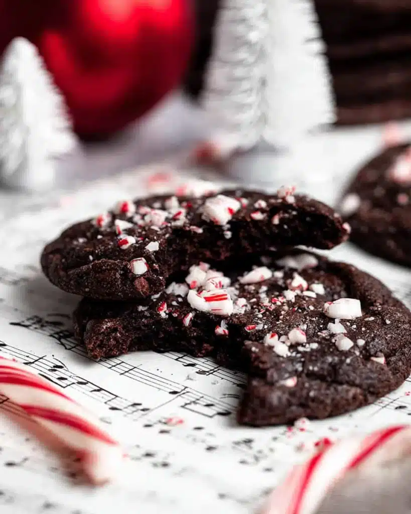 Bitten chocolate peppermint cookie on sheet music with candy cane