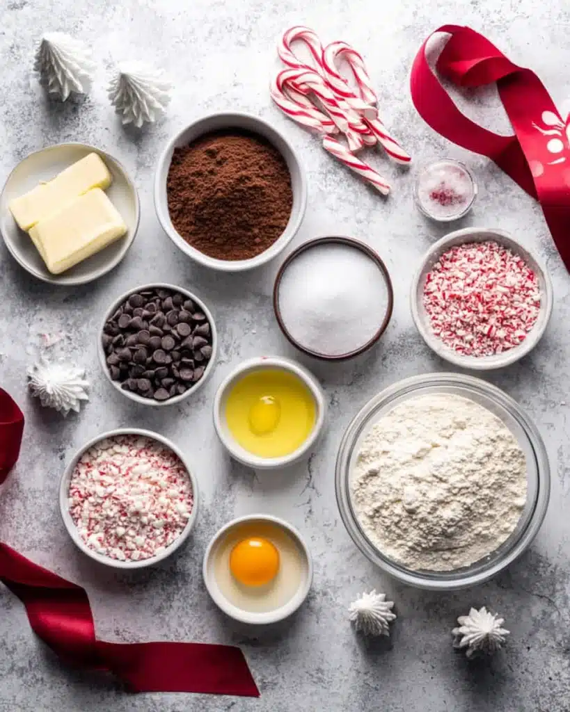 Chocolate peppermint cookie ingredients with candy canes and holiday decor