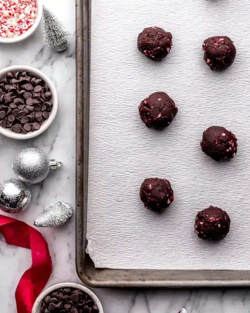 Chocolate peppermint cookie dough balls on parchment-lined baking sheet