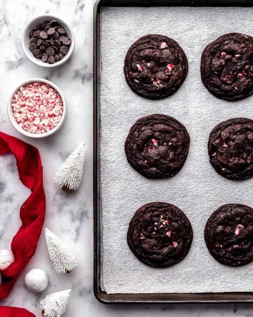 Freshly baked chocolate peppermint cookies on parchment-lined baking sheet