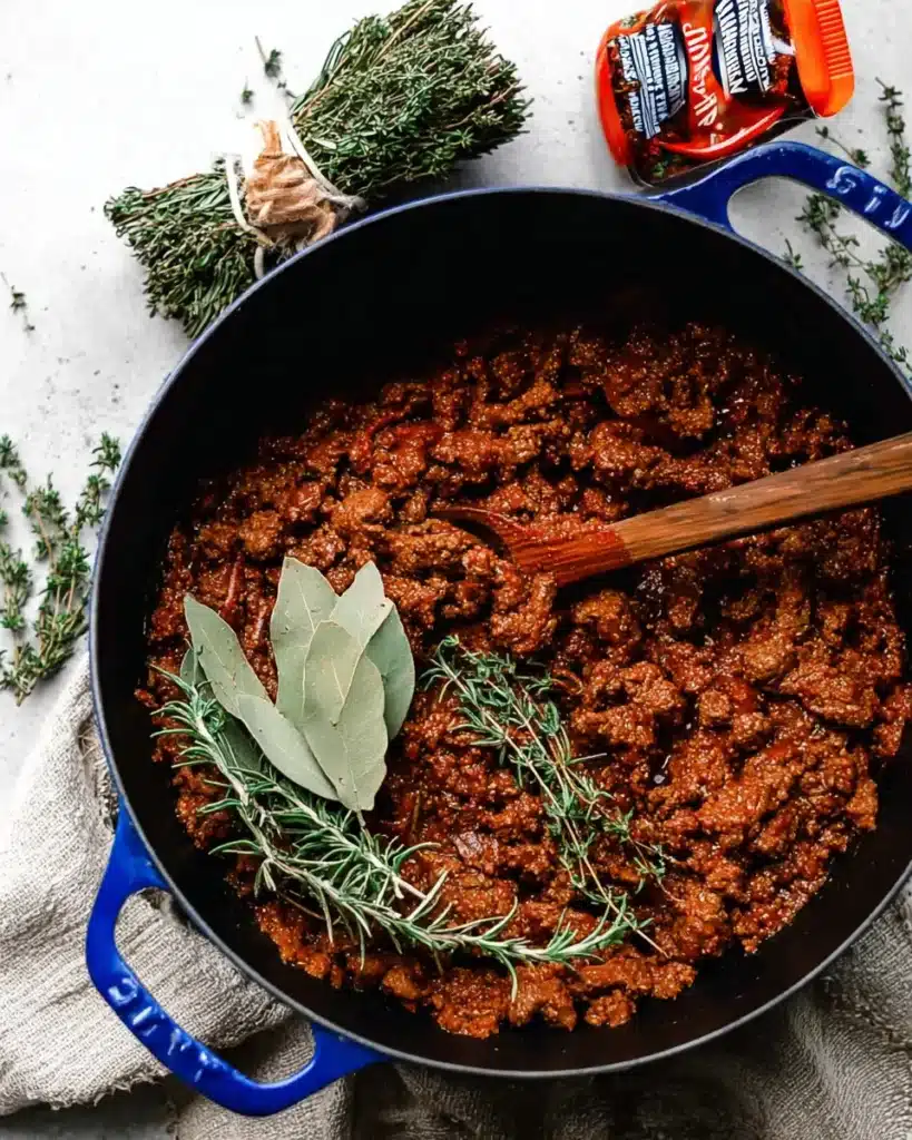Meat sauce for Christmas Eve lasagna with herbs in blue pot
