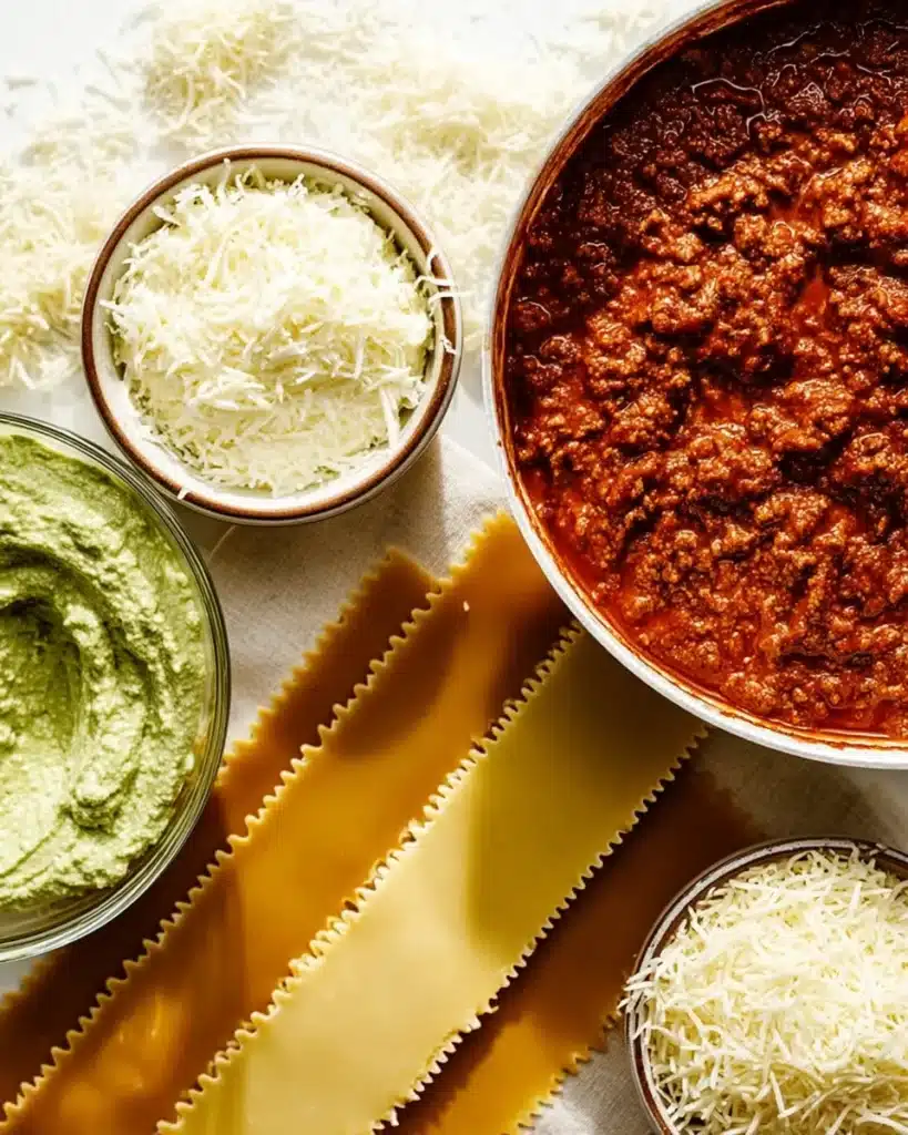 Lasagna ingredients with meat sauce, pesto ricotta, noodles, and cheese