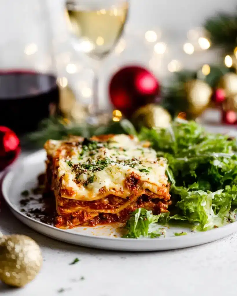 Plated Christmas Eve lasagna with melted cheese and salad greens