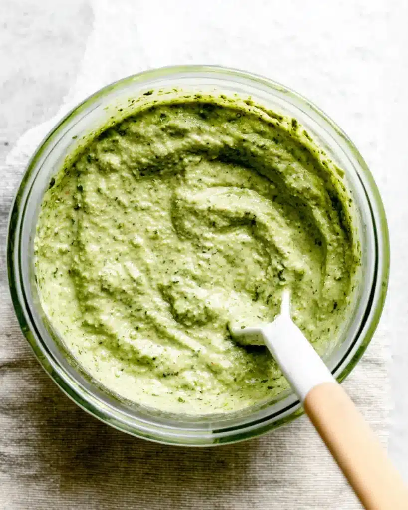 Creamy ricotta pesto mixture in glass bowl for Christmas Eve lasagna