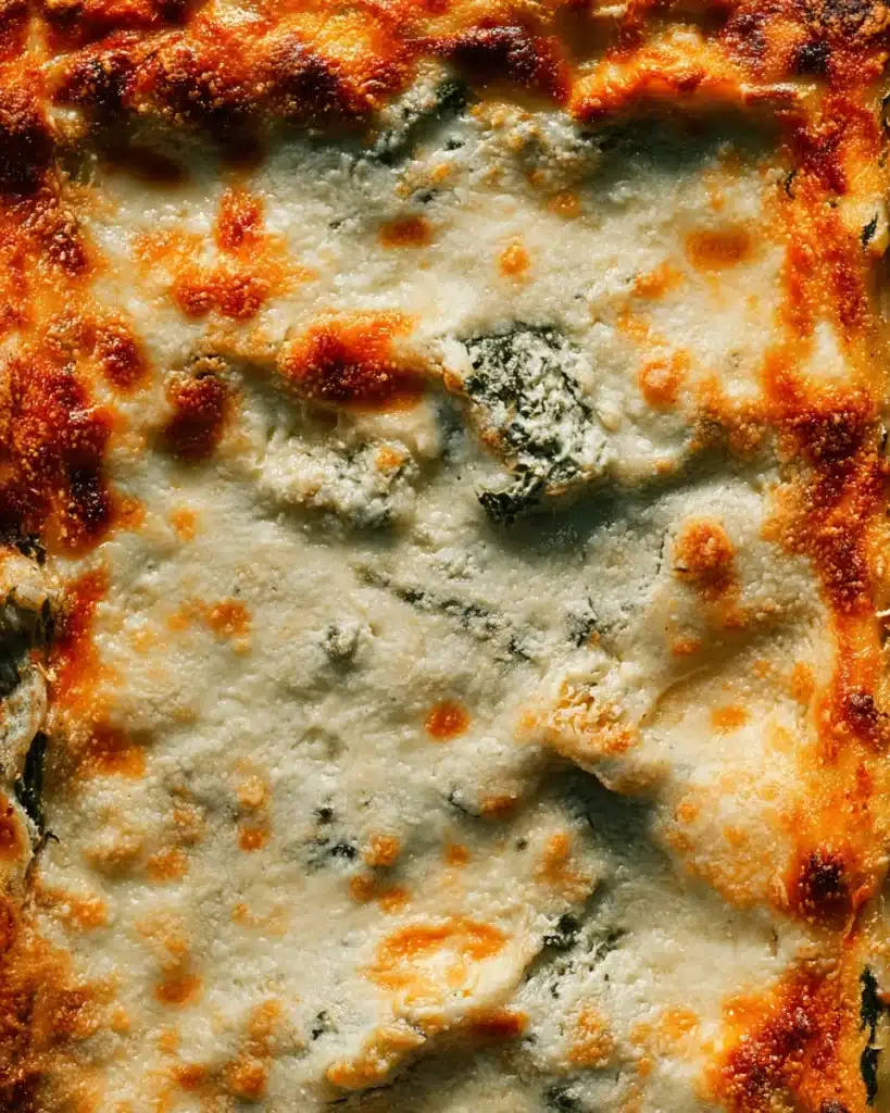 Close-up of golden cheesy baked Christmas lasagna