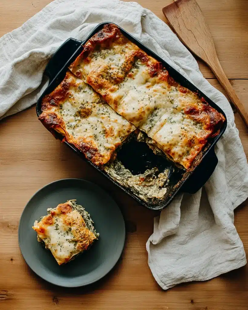 Baked Christmas lasagna with melted cheese and spinach on wooden table