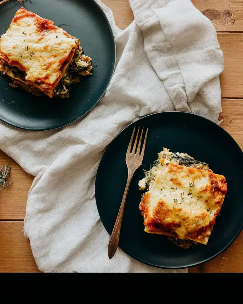 Two plated servings of baked Christmas lasagna on dark plates