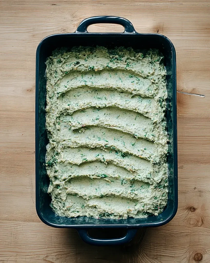 Spinach ricotta layer for Christmas lasagna in black baking dish